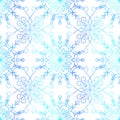 Watercolor tender winter seamless pattern with graphic snowflakes in blue and white colors