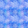 Watercolor tender winter seamless pattern with graphic snowflakes in blue and white colors