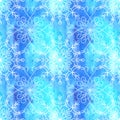 Watercolor tender winter seamless pattern with graphic snowflakes in blue and white colors