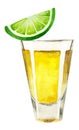 Watercolor tequila shot with lime slice isolated on white