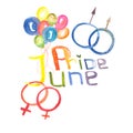Watercolor text Pride June with LGBTQ symbols