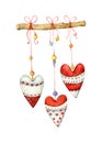 Watercolor textile hearts garland. Cute valentine illustration isolated on the white background. Lovely fabric hearts on