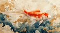 Watercolor texture banner design in vintage style with gold fish illustration. Wave element with Oriental natural ocean Royalty Free Stock Photo