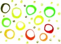 Watercolor texture with round spots hand-drawn circles, green red and yellow rings isolated on white background