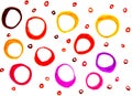 Watercolor texture with round spots hand-drawn circles, rings red and yellow, isolated on white background
