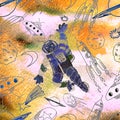 Watercolor texture seamless l pattern. Astronaut. Deep space.