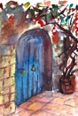 Watercolor textured antique blue door in a stone wall