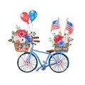 Watercolor 4th of July blue bike with red, white and blue flowers, isolated. Patriotic bicycle with US flags and balloons Royalty Free Stock Photo