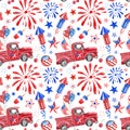 Watercolor 4th of July concept seamless pattern with hand painted red, white, blue fireworks,stars, balloons, truck.