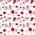 Watercolor 4th of july seamless pattern in red, blue and white colors of US flag. Traditional symbols of memorial day, isolated