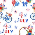 Watercolor 4th of july seamless pattern with red, white and blue symbols of american nation`s holiday