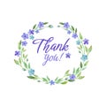 Watercolor thank you card with blue flowers, branches and leaves. vector EPS.