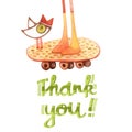 Watercolor THANK YOU card with legs and bird on skateboard. White isolated background. Hand drawing illustration for cards.