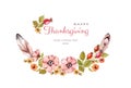 Watercolor thanksgiving card. Floral arch with rustic flowers: rose hip, briar, leaves, feathers, isolated on white Royalty Free Stock Photo