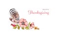 Watercolor thanksgiving card. Floral arrangement with flowers and feather: rose hip, briar, leaves. Hand Painted Royalty Free Stock Photo