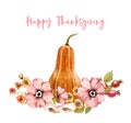 Watercolor Thanksgiving card template. Composition with pumpkin and floral wreath. Dusty pink rose hip, briar isolated Royalty Free Stock Photo