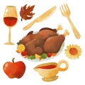 Watercolor Thanksgiving Elements with Dining Roasted turkey and Gravy illustration Vector