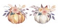 Watercolor Thanksgiving invitations bouquets with hand painted pumpkins, pink flowers. Romantic floral bouquet perfect