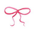 Watercolor thin pink bow isolated on white background. Hand drawn ribbon illustration