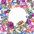 Watercolor thistle, poppy, blue butterflies, wild flowers round frame, meadow herbs Royalty Free Stock Photo