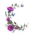 Watercolor Thistle Round Frame, Blue Butterflies, Wild Flowers Illustration