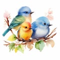 watercolor three birds on the nest on white background generative AI Royalty Free Stock Photo