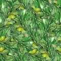 Watercolor three oak green leaf acorn seed seamless pattern background Royalty Free Stock Photo