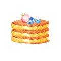 Watercolor pancakes are exactly a column with three blueberries and strawberrie on a white background