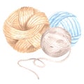 Watercolor three tangles of threads, wool knitting yarn. Template illustration knitting crochet hook and needles