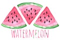 Watercolor three watermelon pieces with written word \