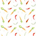 Watercolor thyme herb, carrot, chili pepper seamless pattern. Hand drawn mage for fabric, textile, fashion, packaging , wallpaper