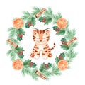 Watercolor tiger in christmas wreath frame isolated on white background Royalty Free Stock Photo