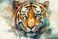 Watercolor tiger head close-up created with Generative AI technology. Royalty Free Stock Photo