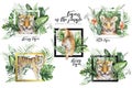 Watercolor tiger illustration and summer paradise tropical leaves jungle print with frame. Palm plant and flower