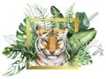 Watercolor tiger illustration and summer paradise tropical leaves jungle print with frame. Palm plant and flower