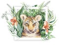 Watercolor tiger illustration and summer paradise tropical leaves jungle print with frame. Palm plant and flower