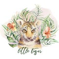 Watercolor tiger illustration and summer paradise tropical leaves jungle print. Palm plant and flower isolated o white.