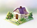 Watercolor of Tiny cute isometric traditional house soft smooth lighting soft color