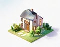Watercolor of Tiny cute isometric traditional house soft smooth lighting soft color
