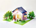 Watercolor of Tiny cute isometric traditional house soft smooth lighting soft color