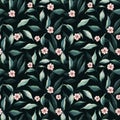 Watercolor tiny floral seamless pattern. flowers, green leaves, branches on dark background. Exotic jungle wallpaper