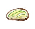 Watercolor toast with avocado and goat cheese on rye bread isolated on white background. Hand drawn illustration Royalty Free Stock Photo