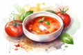 watercolor tomato soup with basil and tomatoes