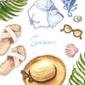 Watercolor summer flat lay illustration on white background. Hand painted swimwear, straw hat, sandals, sunglasses, palm tree Royalty Free Stock Photo