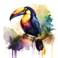 Watercolor toucan bird on the branch. Hand drawn illustration.