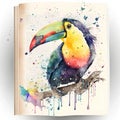 Watercolor toucan on a branch with splashes on a book