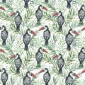 Watercolor toucan seamless pattern. Hand painted illustration with tropical bird and palm leaves isolated on white