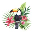 Watercolor toucan with tropical palm leaves and flowers. Hand drawn illustration, clip art isolated on white background