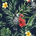 Watercolor toucans and tropical flowers seamless pattern. Hand painted bird, leaves, hibiscus, plumeria isolated on dark Royalty Free Stock Photo
