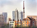 Watercolor of A tower crane constructs a tall building beside a tiny